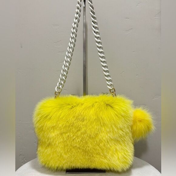 Yellow Handmade Luxury Real Fox Fur Shoulder Bag/Crossbody & Fox Fur Ball Charm - Picture 1 of 17